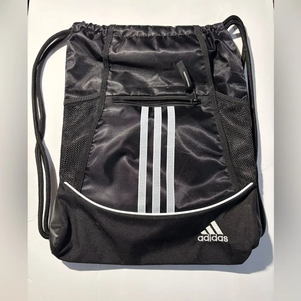 Adidas Black Drawstring Backpack with White Stripes
